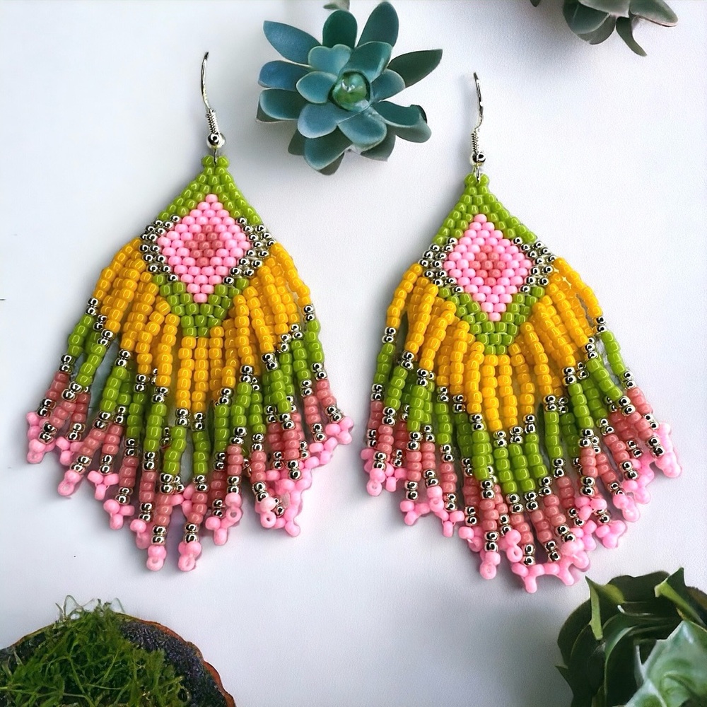 Handmade Seed Bead Beaded Earrings Pink Green Yellow Silver 3.25" Diamond Fringe